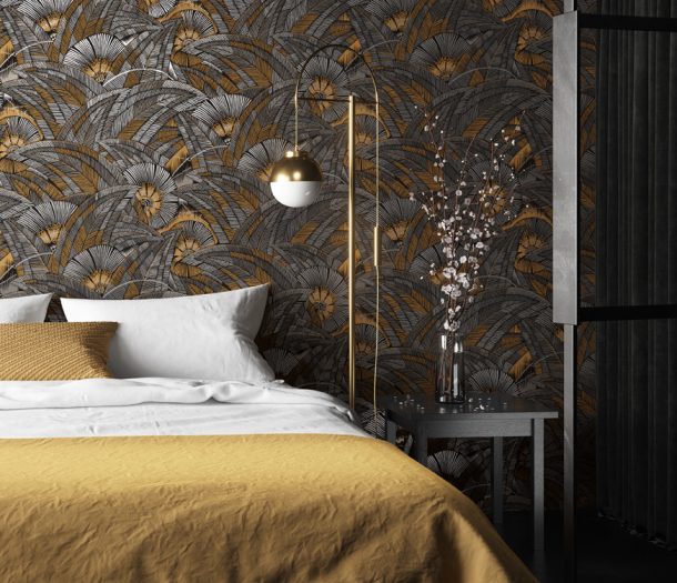 Behang slaapkamer bladeren met goud