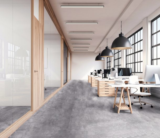 Vloer – pvc – therdex – grijs met patroon – liggend – betonlook – kantoor
