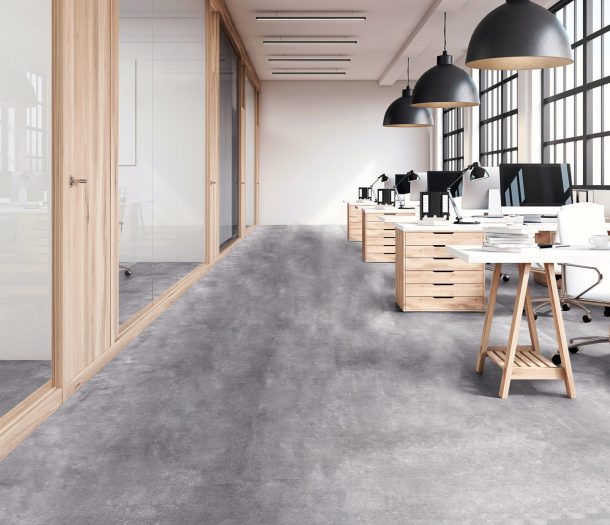 Vloer – pvc – therdex – grijs met patroon – liggend – betonlook – kantoor