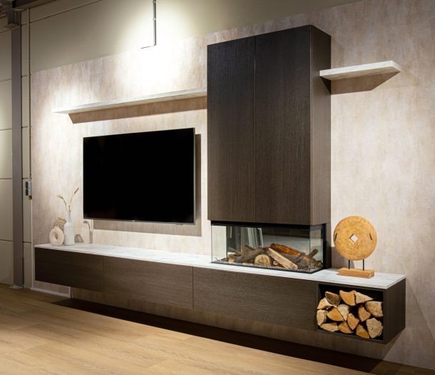 Wandkast met haard – Allure – bruin – hout – woonkamer – vierkant