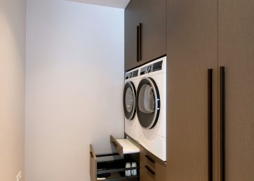 Wasmachinekast – Allure – berging – donker – bruin – hoog – lades – staand (2)
