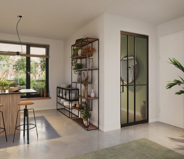 Stalen deur met 6 vakken in het glas.